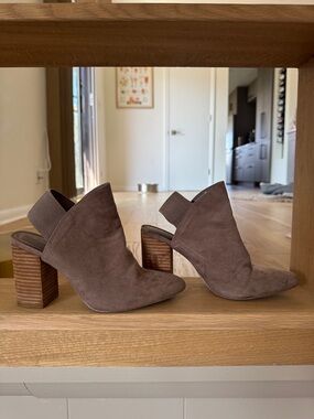 Women's Taupe Suede Block Heel Slingback Booties
